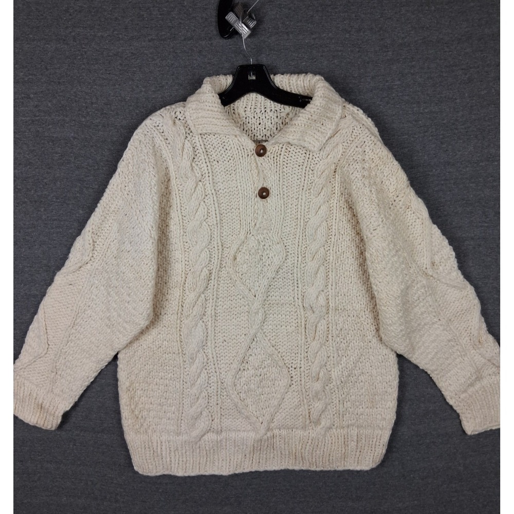 VTG Wool Sweater Adult Large 42 Cream Heavy Wool Fisherman Cable Thick Flaw
